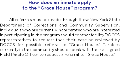 How does an inmate apply to the "Grace House" program? All referrals must be made through thew New York State Department of Corrections and Community Supervision. Individuals who are currently incarcerated who are interested in participating in the program should contact facility DOCCS representatives to request that their case be reviewed by DOCCS for possible referral to “Grace House.” Parolees currently in the community should speak with their assigned Field Parole Officer to request a referral to “Grace House.”